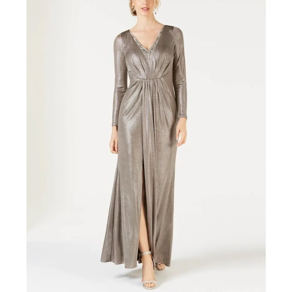 EUC Adrianna Papell Petite Embellished Metallic Jersey Gown